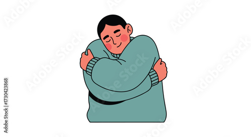 Cozy self-embrace illustration depicting a person finding comfort and warmth within themselves on a white background