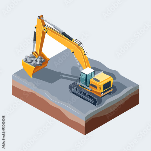 Isometric vector illustration of a powerful yellow crawler excavator digging rocks on a construction site with a soil cross-section