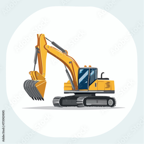 Modern flat design icon of a yellow hydraulic excavator, a conceptual symbol for construction and industrial earthmoving projects