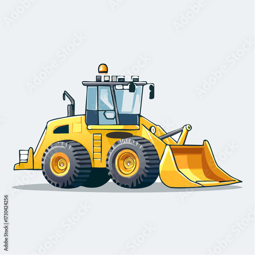 Vector illustration of a bright yellow wheel loader, a powerful heavy equipment vehicle with large front bucket, used in construction, mining, and material handling operations