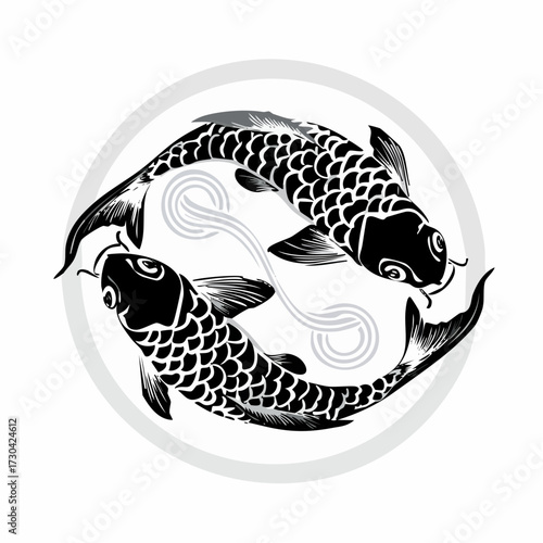 Artistic black and white koi fish illustration in a circular yin-yang design with swirling water elements