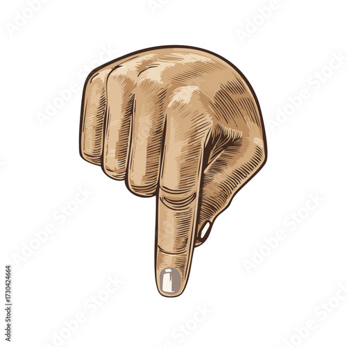 Close-up vintage illustration of a human hand pointing downwards with textured shading