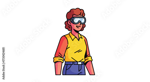 Adventurous cartoon woman wearing goggles and vibrant clothing, ready for fun project or future challenge with determined expression