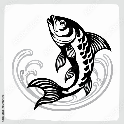 Dynamic monochrome illustration of a powerful fish leaping from stylized waves, capturing aquatic energy with a classic and elegant graphic design