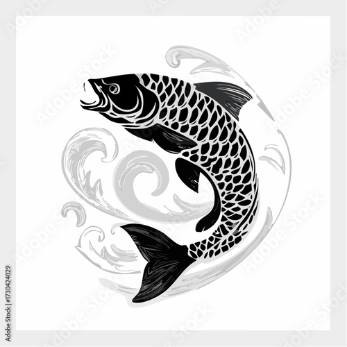 Detailed Fish Illustration with Ornamental Waves for Artistic Projects