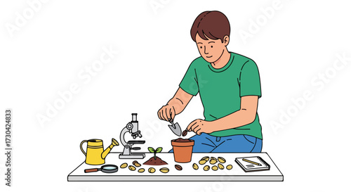 Illustrative gardening and learning environment with tools and a young man planting seeds to learn about cultivation and biology