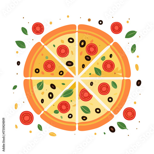 Delicious Pizza Slices with Tomatoes, Olives, Basil Leaves and Cheese Toppings Ready to Eat