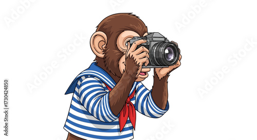 A charming cartoon monkey dressed in a sailor outfit holds a camera to take a picture.