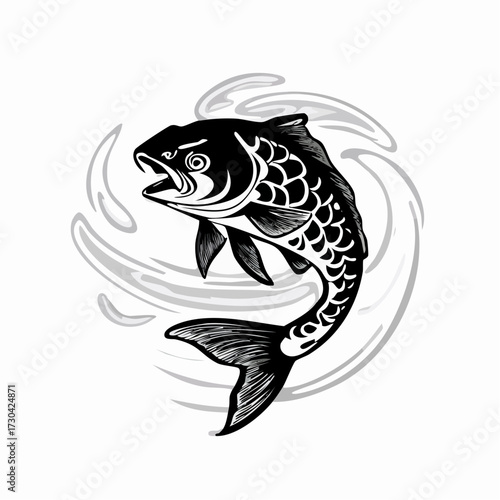 Graceful Koi Fish Illustration with Swirling Water - Black and White