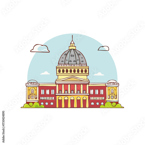 Vivid cartoon illustration of a majestic government building featuring a prominent dome and classical architecture