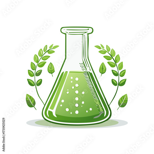 Illustration of science flask with green liquid, bubbles and leaves around, representing organic concept.