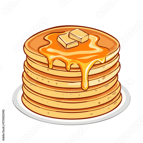 Stack of pancakes with butter and syrup dripping down on a white plate