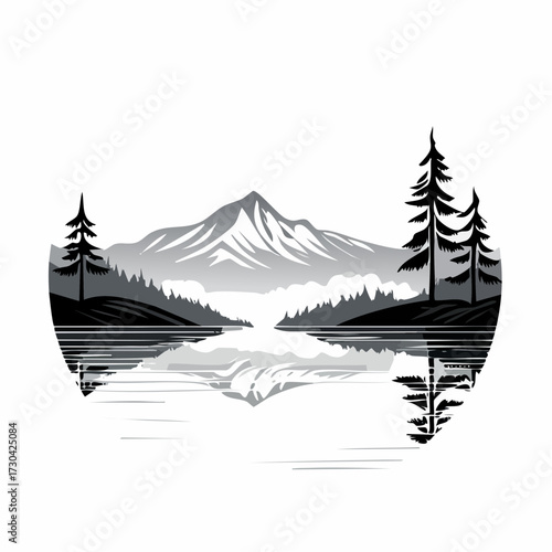 Mountain reflection scene amidst towering pines illustration