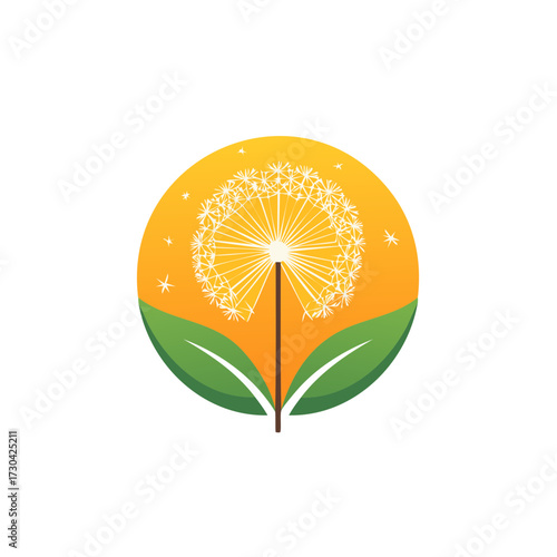 Stylized Dandelion Puffball with Green Leaves in Radiant Sun Circle Emblem Illustration