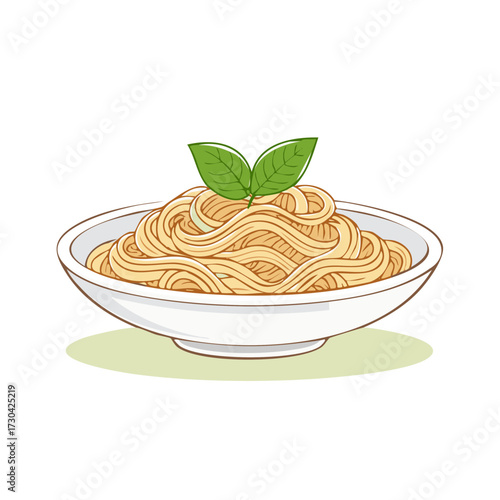 Pasta dish with basil leaves, Italian cuisine illustration
