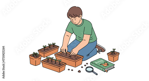 Young botanist carefully sowing seeds into fertile soil for cultivation, nurtured by biology knowledge and amplified by magnified exploration of