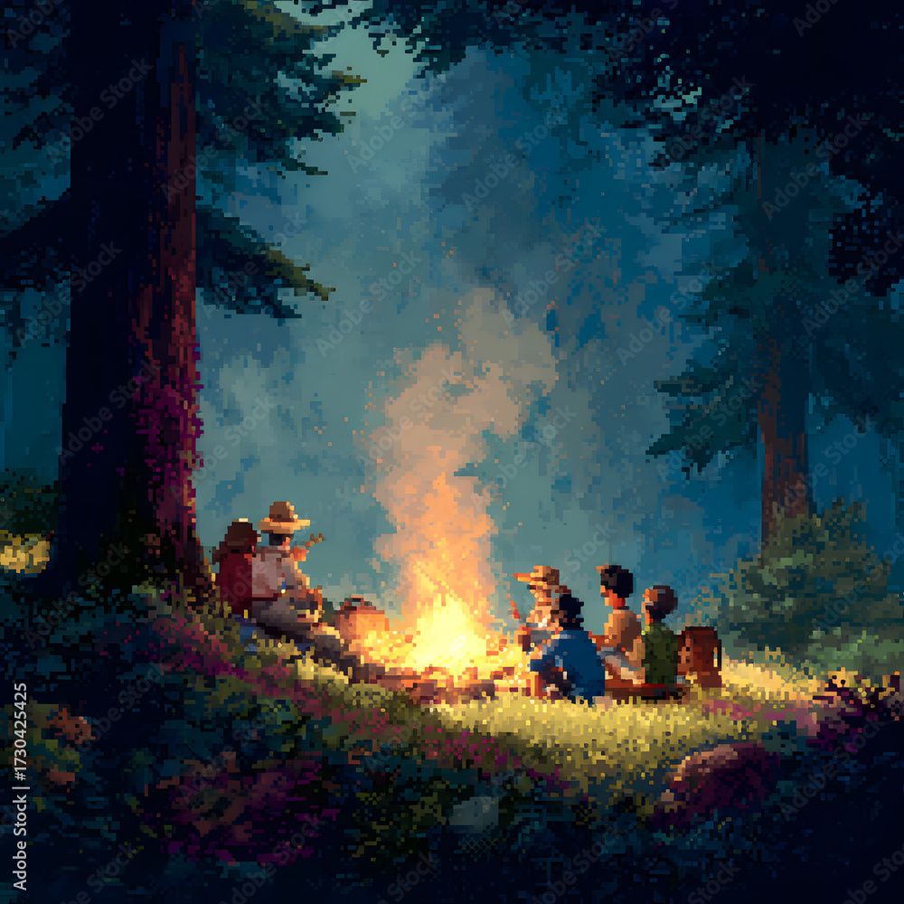 Fototapeta premium Retro Pixel Art Campfire Scene with Friends Gathering in a Forest at Night