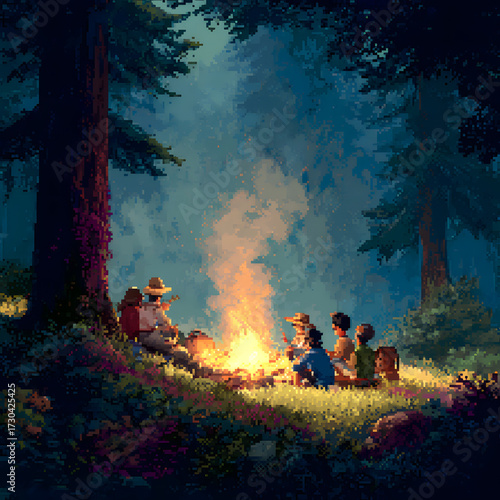 Retro Pixel Art Campfire Scene with Friends Gathering in a Forest at Night