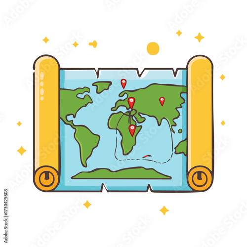 World Map Illustration with Pin Markers and Stars, Route Planning Concept