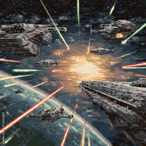 Retro Pixel Art Space Battle Featuring Dynamic Spaceships and Explosive Laser Effects