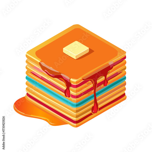 Geometric Stack of Colorful Pancakes Topped with Butter and Drizzled with Syrup, Vector Illustration