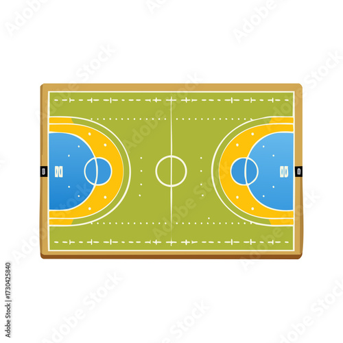 Stylized indoor basketball court with vibrant blue and yellow markings and green playing surface