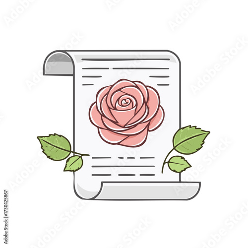 Pink Rose Blooms on Scroll Document with Green Leaves Illustration