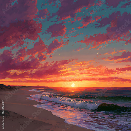 Vibrant Retro Pixel Art of a Sunset Over a Beach with Colorful Clouds and Gentle Waves
