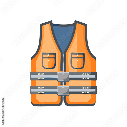 Orange life jacket with blue collar and reflective straps for water safety and recreation