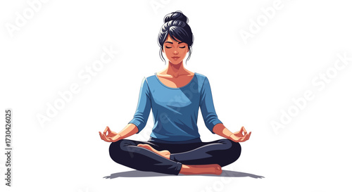 Woman in lotus position meditating, wearing blue shirt and black pants.