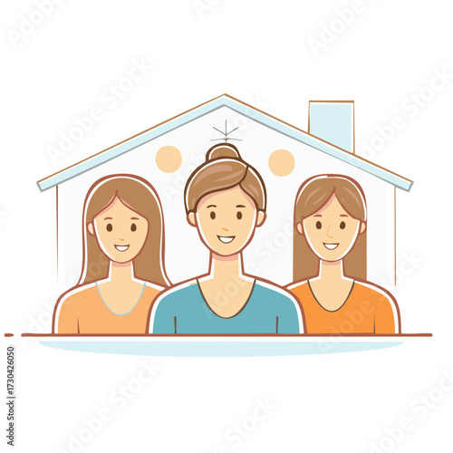 Three Women in Front of a House Illustration Representing Family or Home Ownership