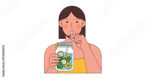 Illustration showcasing a woman enjoying a refreshing infused water drink in a mason jar with straw for a healthy lifestyle visual