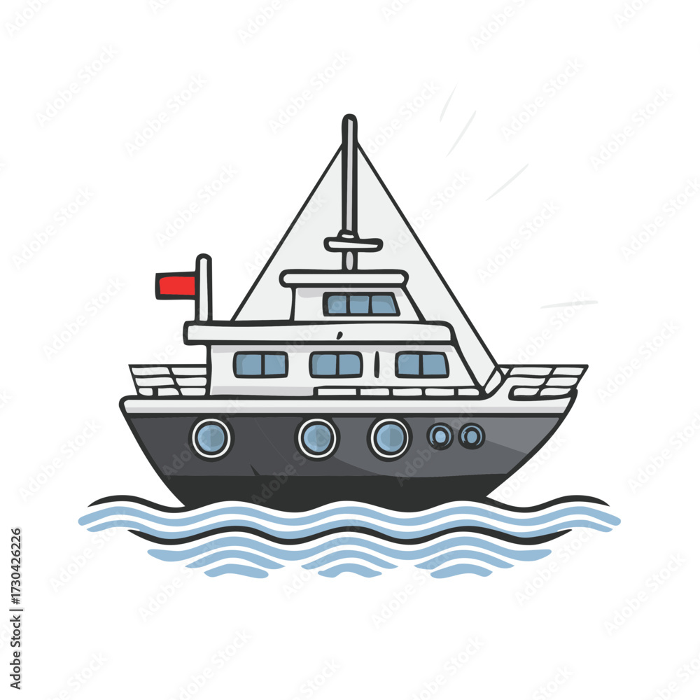 Obraz premium Illustrated private yacht with a sail and red flag cruising on cartoon sea waves