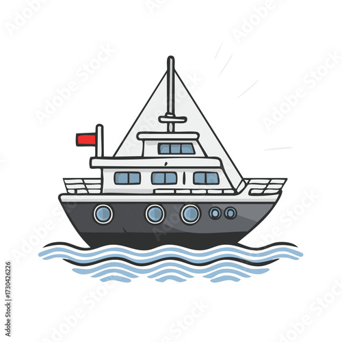 Illustrated private yacht with a sail and red flag cruising on cartoon sea waves