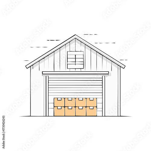 Line drawing of a storage shed with garage door filled with cardboard boxes for transport
