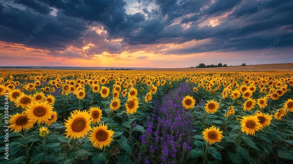 Obraz premium Dramatic sunset over a vibrant sunflower field, with golden light illuminating the blooming sunflowers and purple flowers under a cloudy, colorful sky landscape.