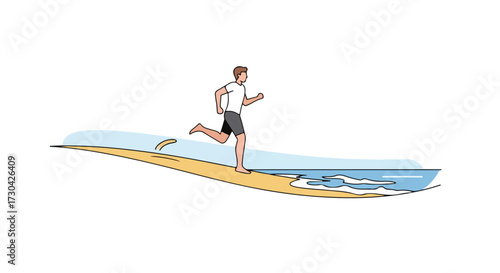 Illustration of a barefoot man jogging along a sandy seashore next to foamy waves on a sunny day emphasizing wellness and fitness 158 characters