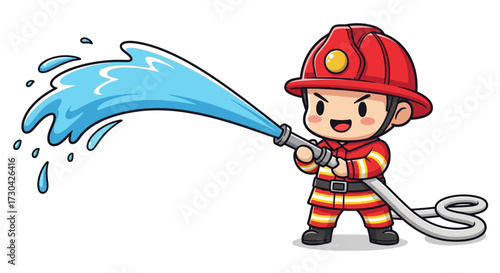 A cute cartoon firefighter boy in a red uniform and helmet, holding a fire hose and spraying a powerful jet of water.