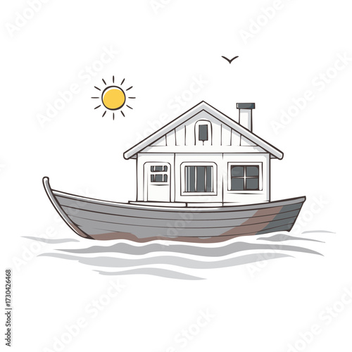 Stylized boat house floating on wavy water under bright sunlight cartoon