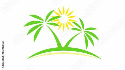 Tropical island getaway with sun and palm trees evokes vacation bliss, perfect for travel agency branding or summer event promotions, originally from vector art