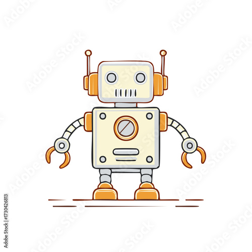 Cartoon Robot Standing with a Friendly Demeanor in a Minimalistic and Clean Style on a White Background