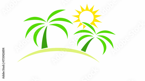 Tropical island getaway with lush palm trees and a bright sun, perfect for summer vacation dreams and exotic travel adventures, originally a scalable vector graphic