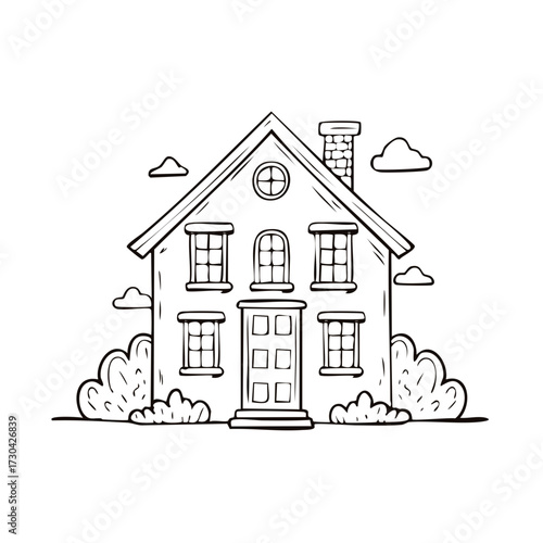 Simple Black and White Drawing of a House with Bushes and Clouds