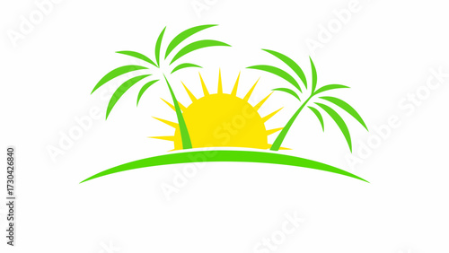 Dreamy tropical island sunrise with swaying palm trees, evoking vacation vibes and sunny getaways, perfect for travel blogs or summer promotions