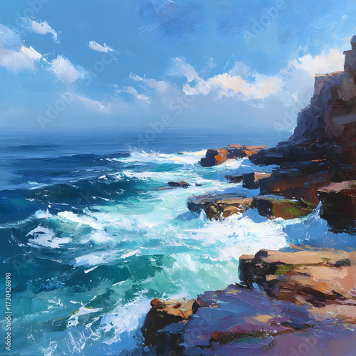 Majestic Rocky Coastline with Crashing Waves under Bright Blue Sky