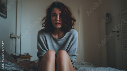 Sad and Upset Woman Sitting on a Comfortable Bed Crying in a Dimly Lit Room
