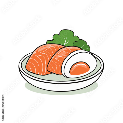 Illustration of salmon sashimi, egg and lettuce on a plate.