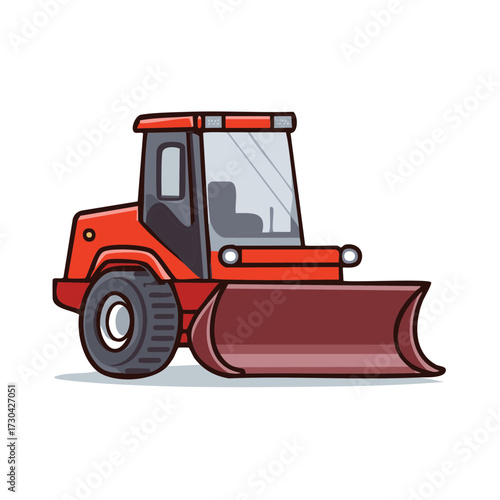 Red bulldozer with plow attachment and large wheels for construction and snow removal