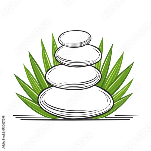 Stacked zen stones and lush green leaves artwork representing balance and tranquility