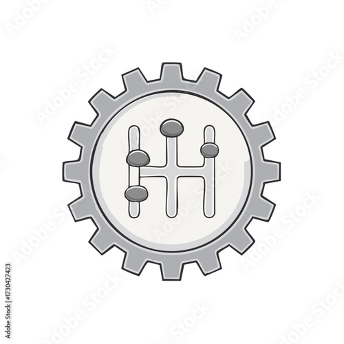Hand drawn cartoon icon of a manual transmission shifter inside a mechanical gear
